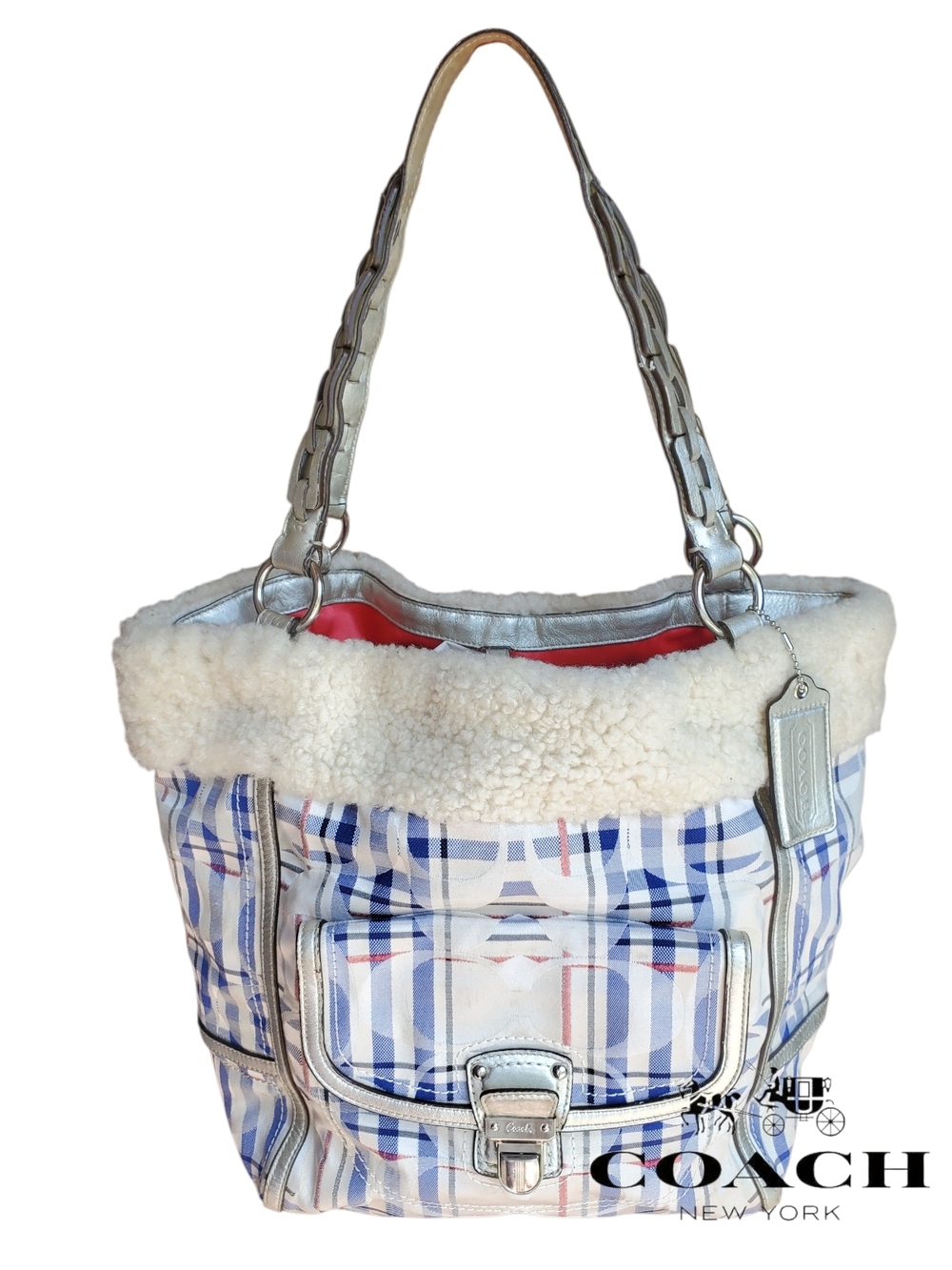 Rare Coach 21661 Plaid Tartan Shearling-Trim Tote Bag in Cream, Silver Blue EUC
